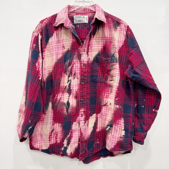 Franklin Flannels Upcycled Plaid Long Sleeve Button Down Shirt Tie-Fye Distress - Picture 1 of 8